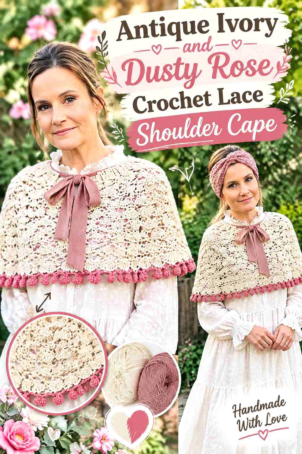 1. Antique Ivory And Dusty Rose Crochet Lace Shoulder Cape