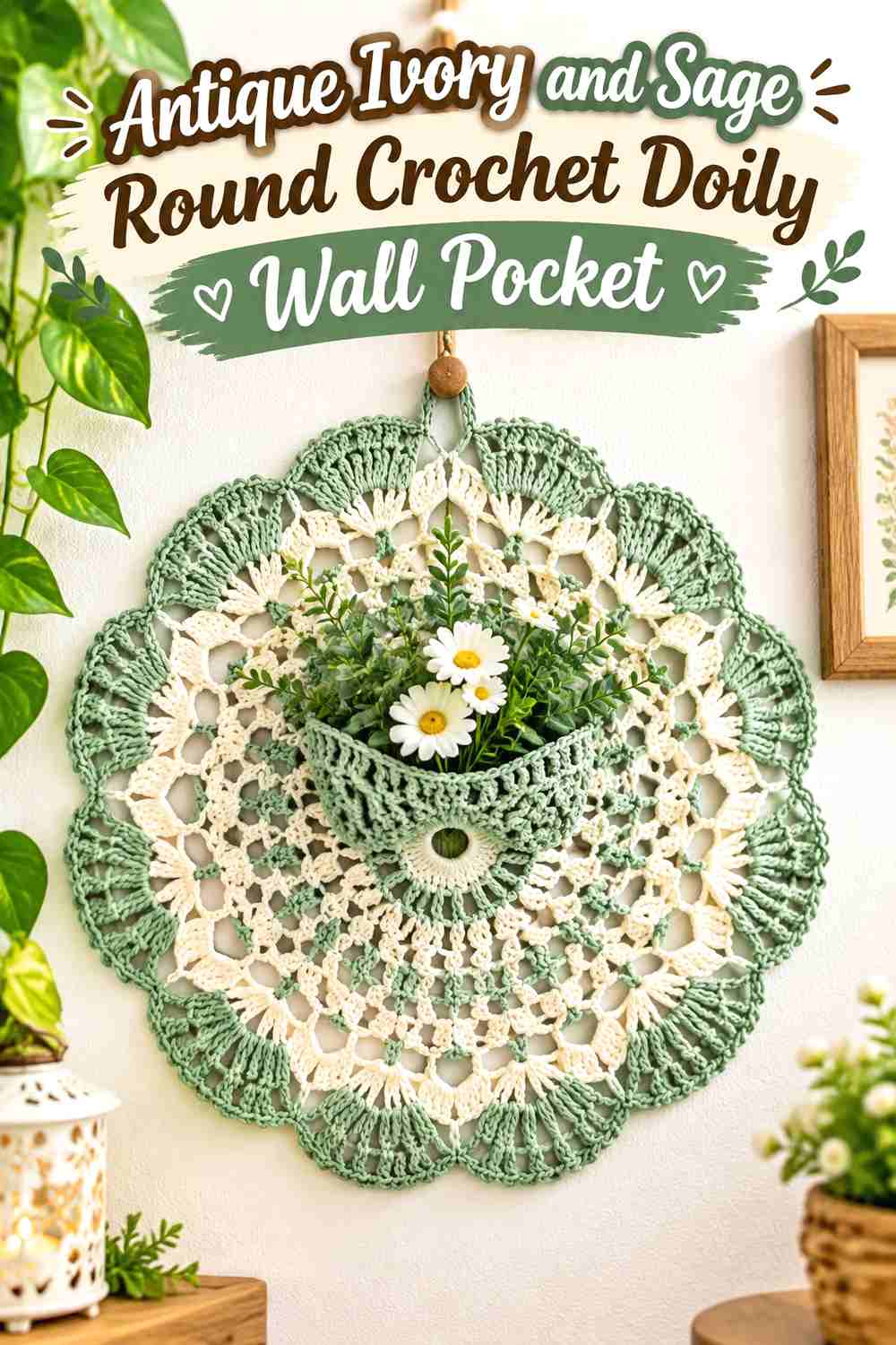 1. Antique Ivory And Sage Round Crochet Doily Wall Pocket