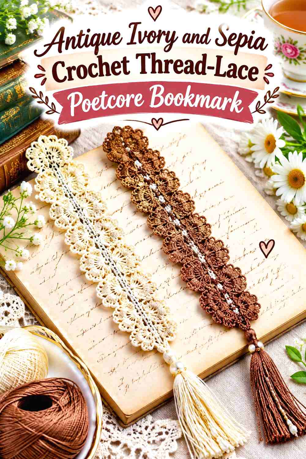 9. Antique Ivory And Sepia Crochet Thread Lace Poetcore Bookmark
