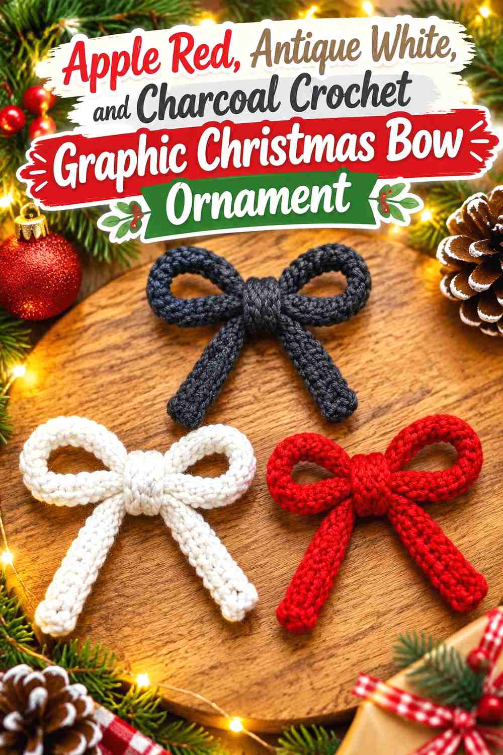 6. Apple Red, Antique White, and Charcoal Crochet Graphic Christmas Bow Ornament