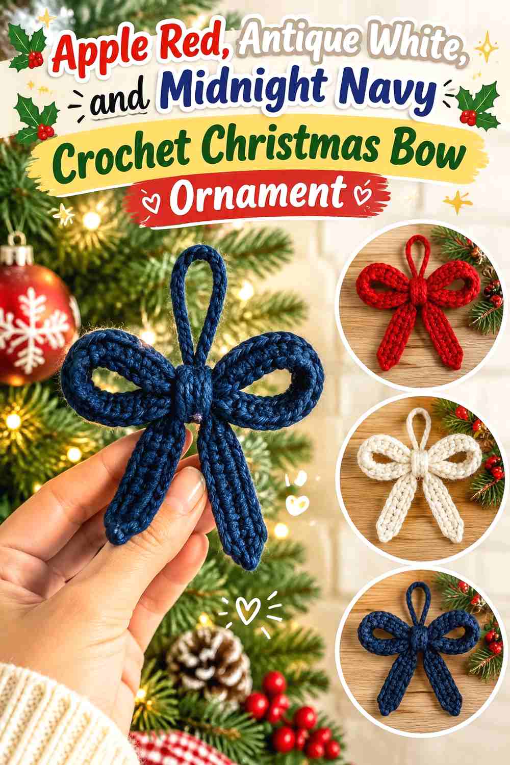 10. Apple Red, Antique White, and Midnight Navy Crochet Christmas Bow Ornament