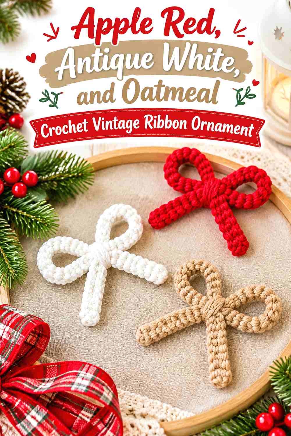 5. Apple Red, Antique White, and Oatmeal Crochet Vintage Ribbon Ornament