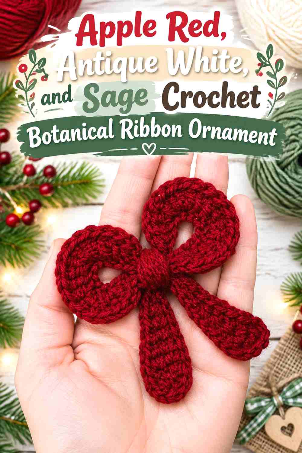 7. Apple Red, Antique White, and Sage Crochet Botanical Ribbon Ornament
