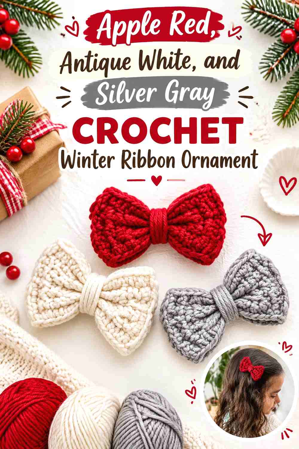 14. Apple Red, Antique White, and Silver Gray Crochet Winter Ribbon Ornament