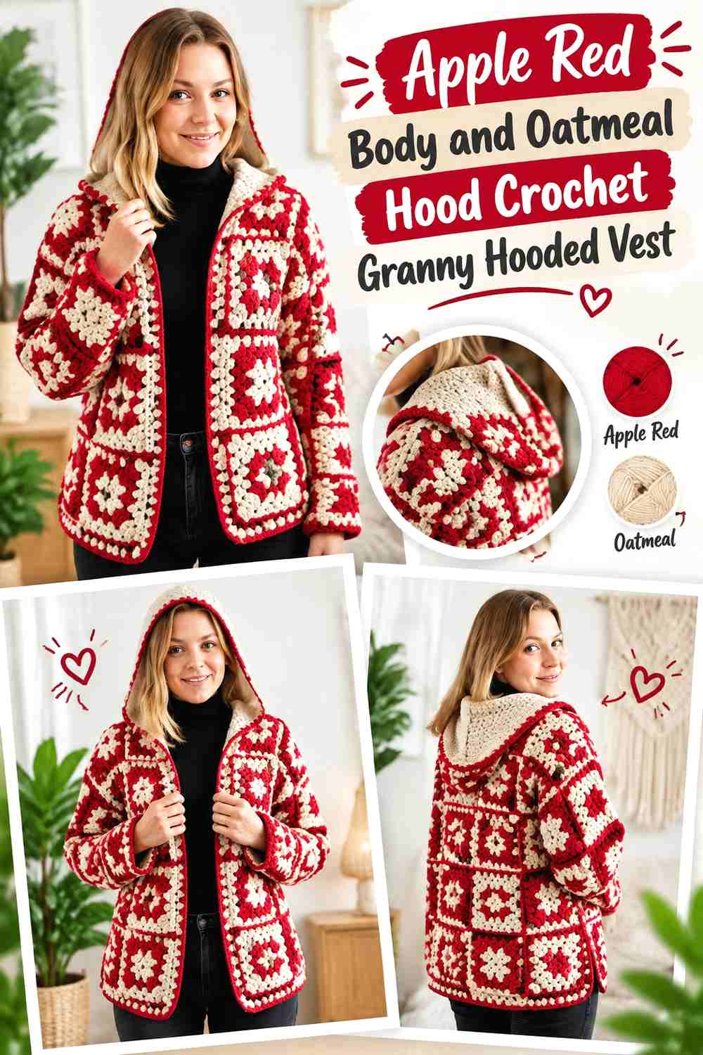 1. Apple Red Body and Oatmeal Hood Crochet Granny Hooded Vest