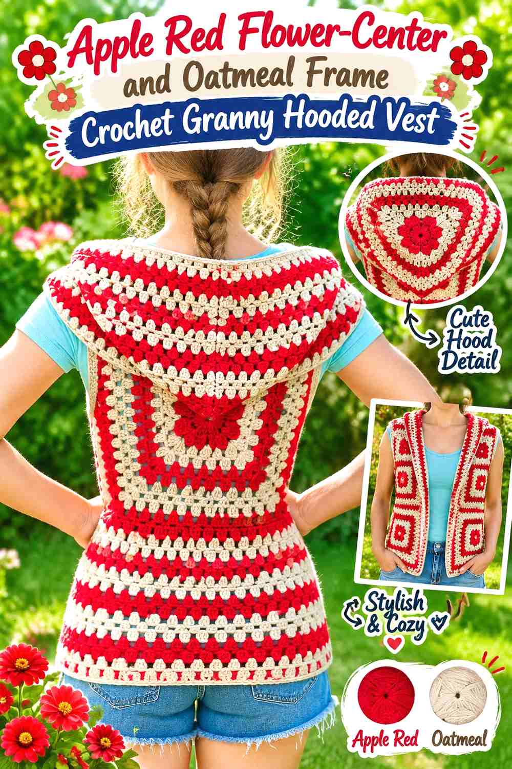 15. Apple Red Flower-Center and Oatmeal Frame Crochet Granny Hooded Vest