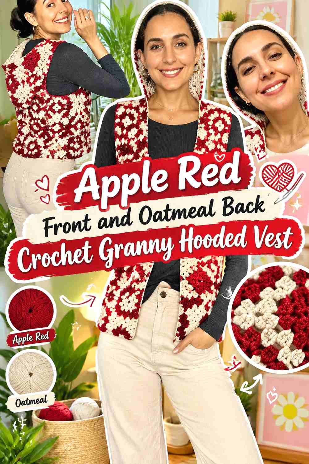 11. Apple Red Front and Oatmeal Back Crochet Granny Hooded Vest