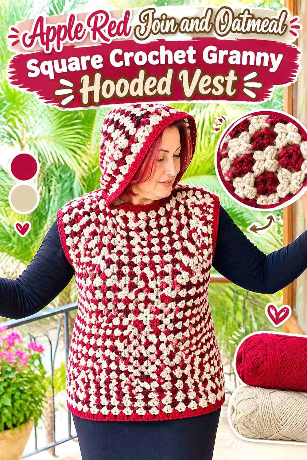 6. Apple Red Join and Oatmeal Square Crochet Granny Hooded Vest