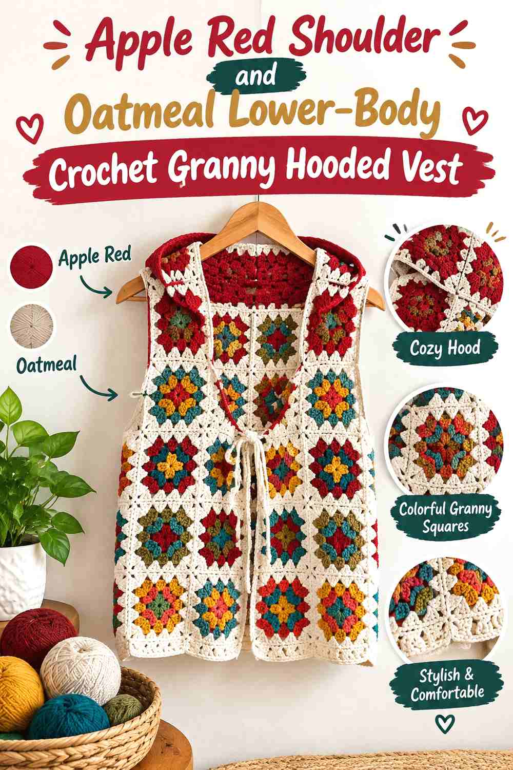 8. Apple Red Shoulder and Oatmeal Lower-Body Crochet Granny Hooded Vest