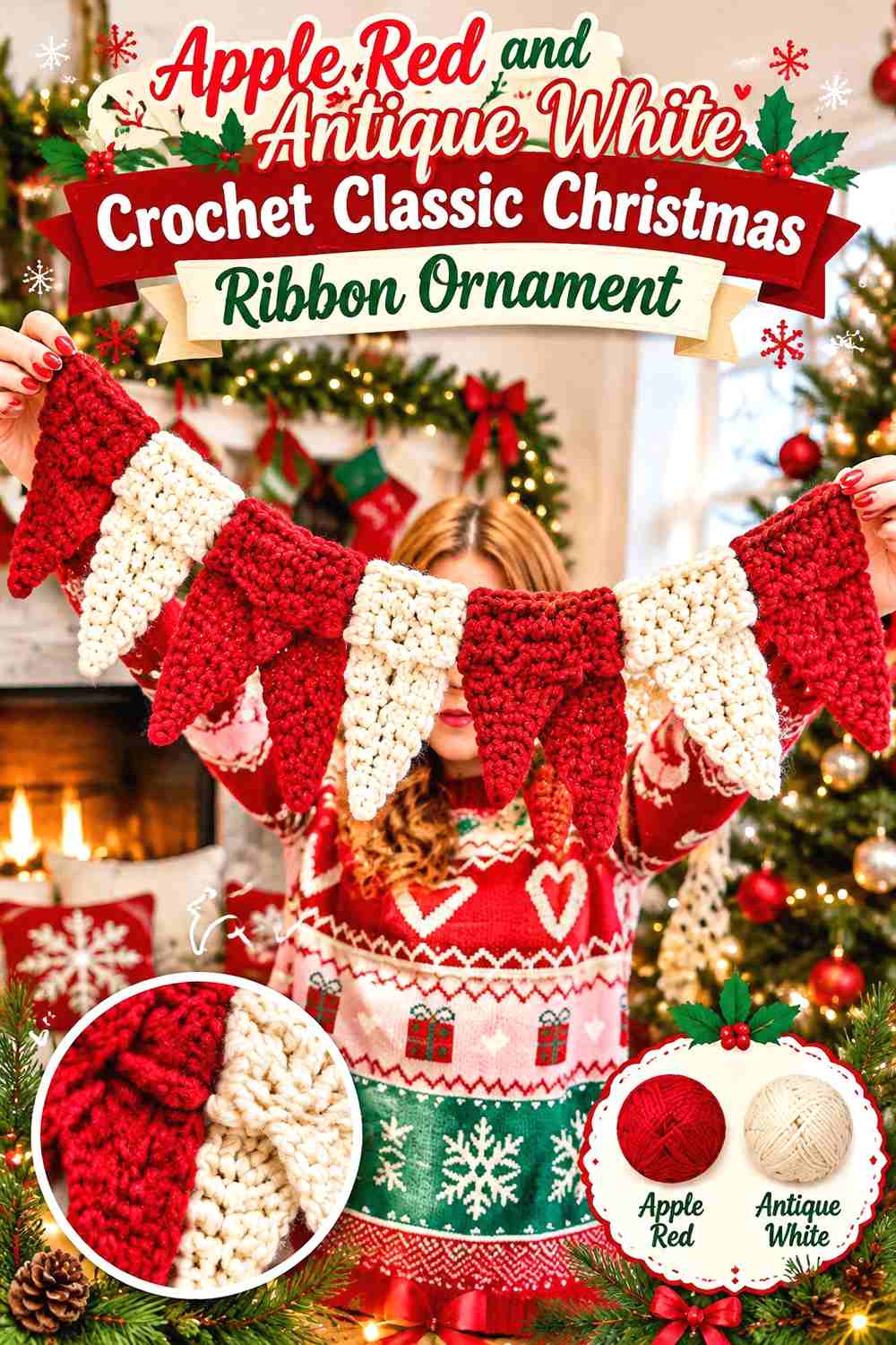 1. Apple Red and Antique White Crochet Classic Christmas Ribbon Ornament