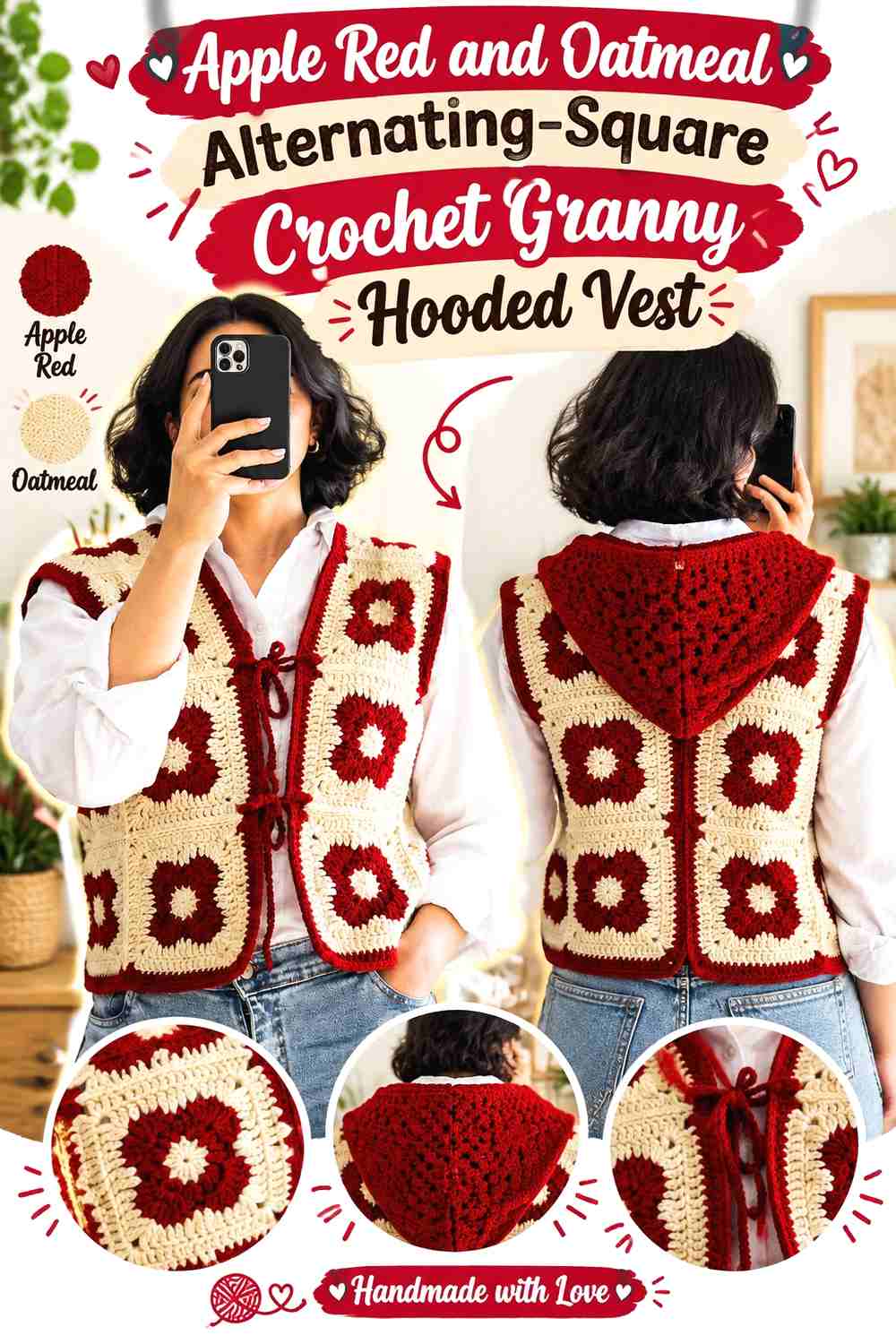 5. Apple Red and Oatmeal Alternating-Square Crochet Granny Hooded Vest
