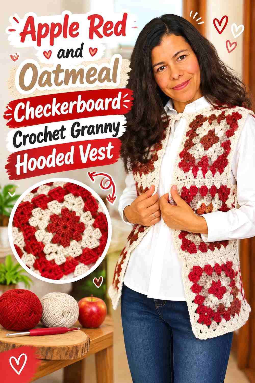 10. Apple Red and Oatmeal Checkerboard Crochet Granny Hooded Vest