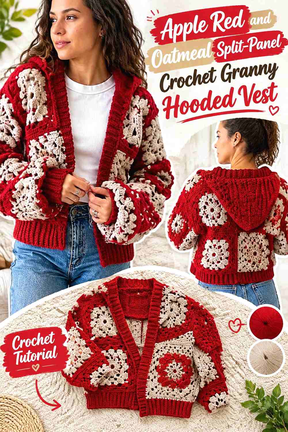 18. Apple Red and Oatmeal Split-Panel Crochet Granny Hooded Vest