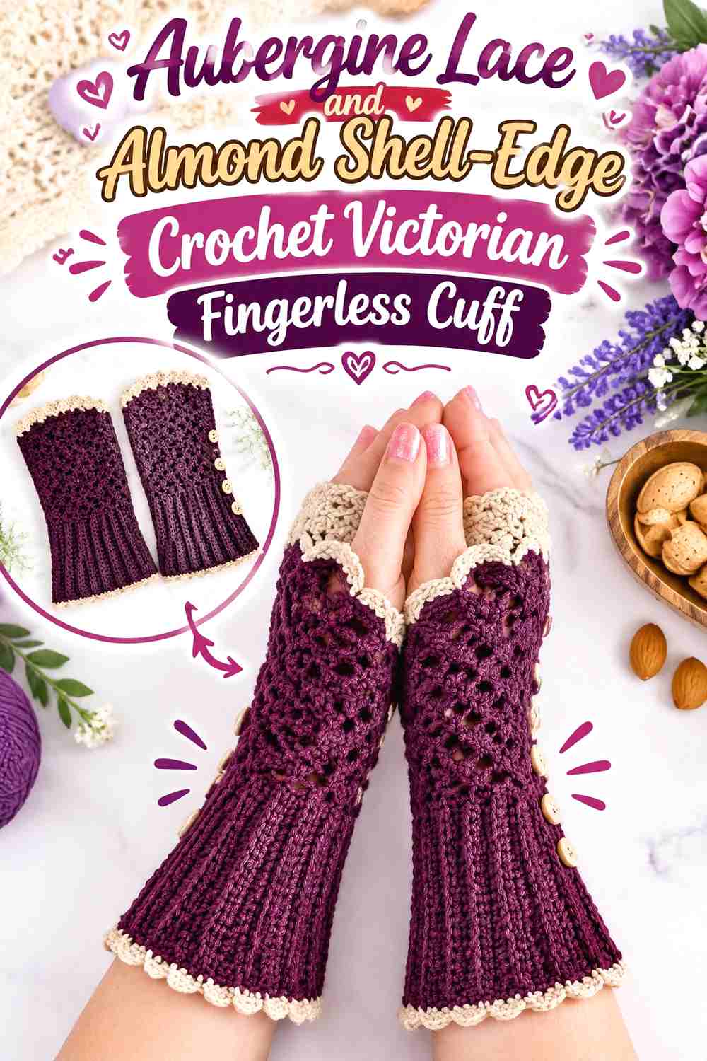 13. Aubergine Lace and Almond Shell-Edge Crochet Victorian Fingerless Cuff