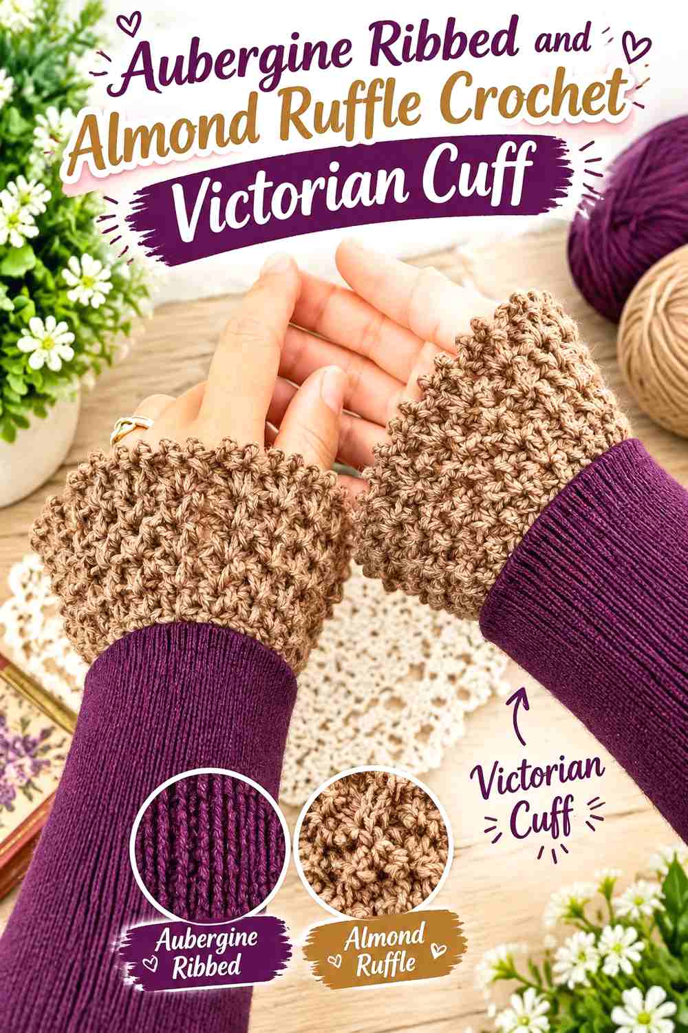 6. Aubergine Ribbed and Almond Ruffle Crochet Victorian Cuff