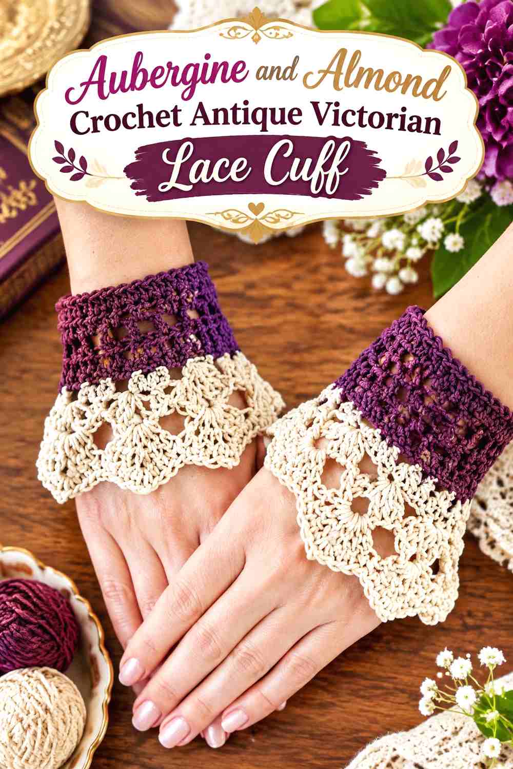 15. Aubergine and Almond Crochet Antique Victorian Lace Cuff