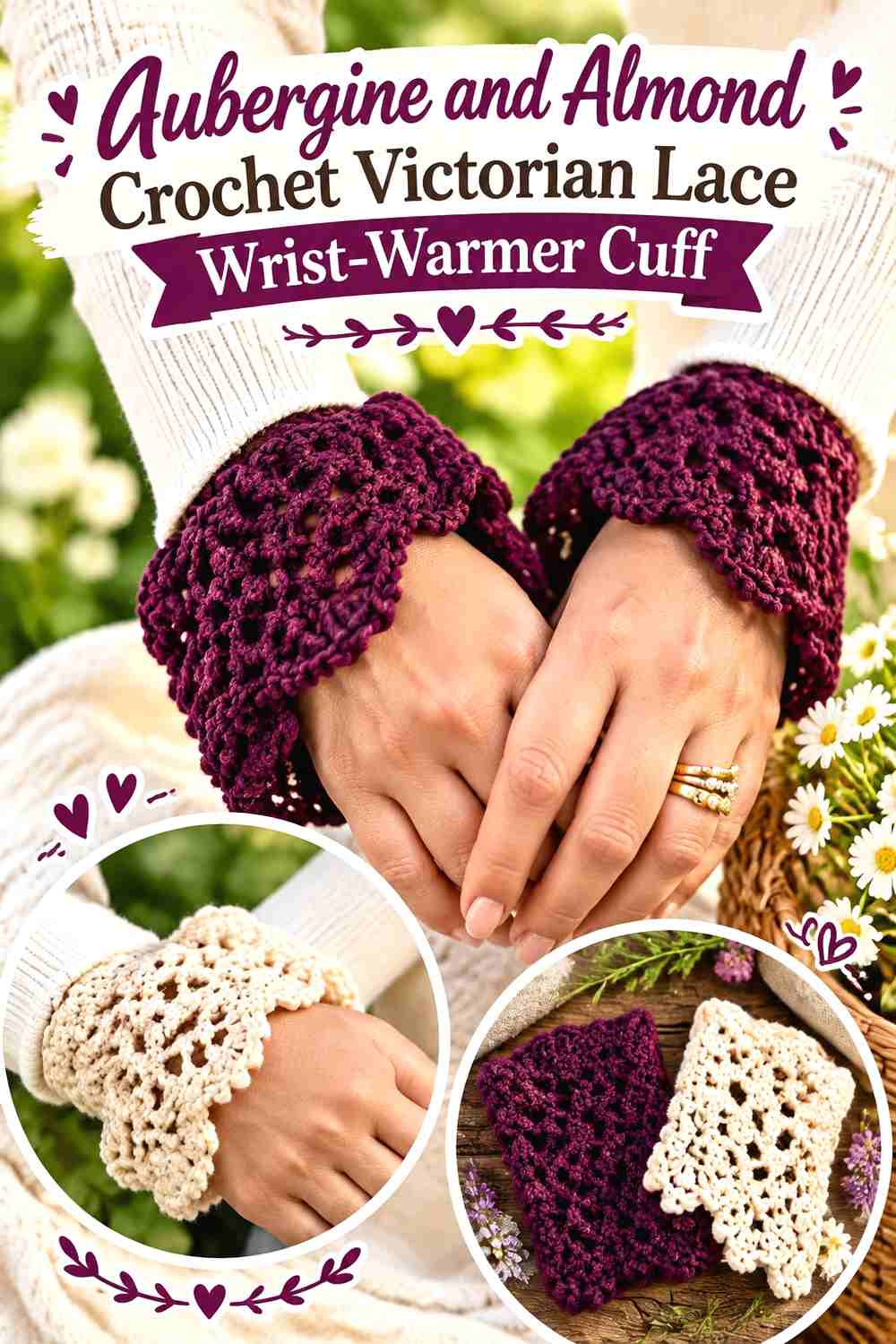 3. Aubergine and Almond Crochet Victorian Lace Wrist-Warmer Cuff