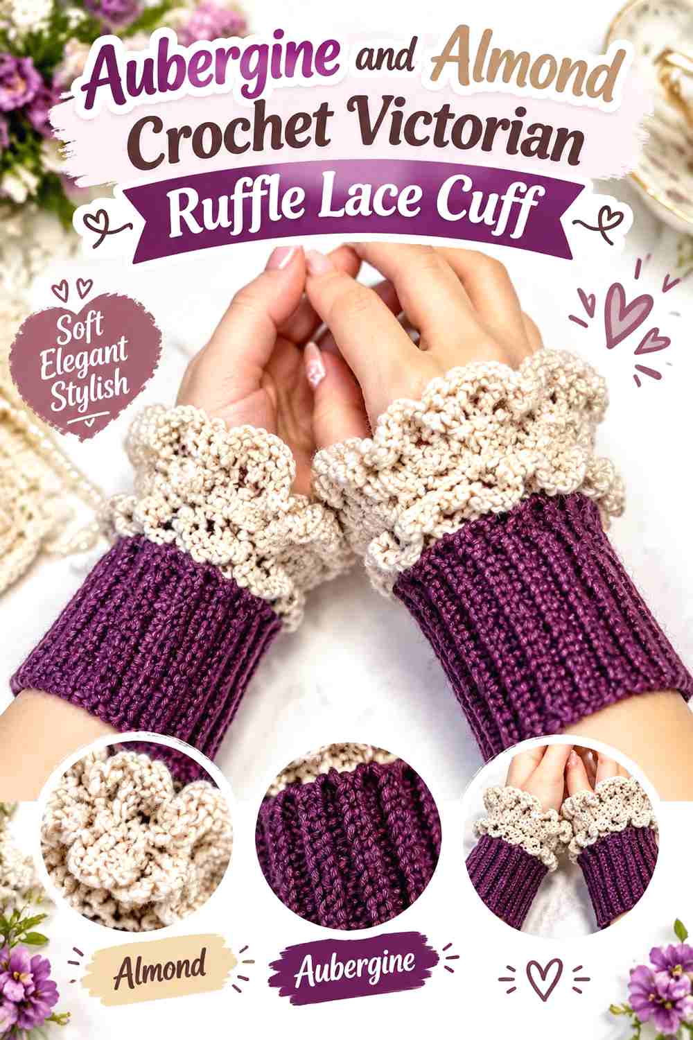 1. Aubergine and Almond Crochet Victorian Ruffle Lace Cuff