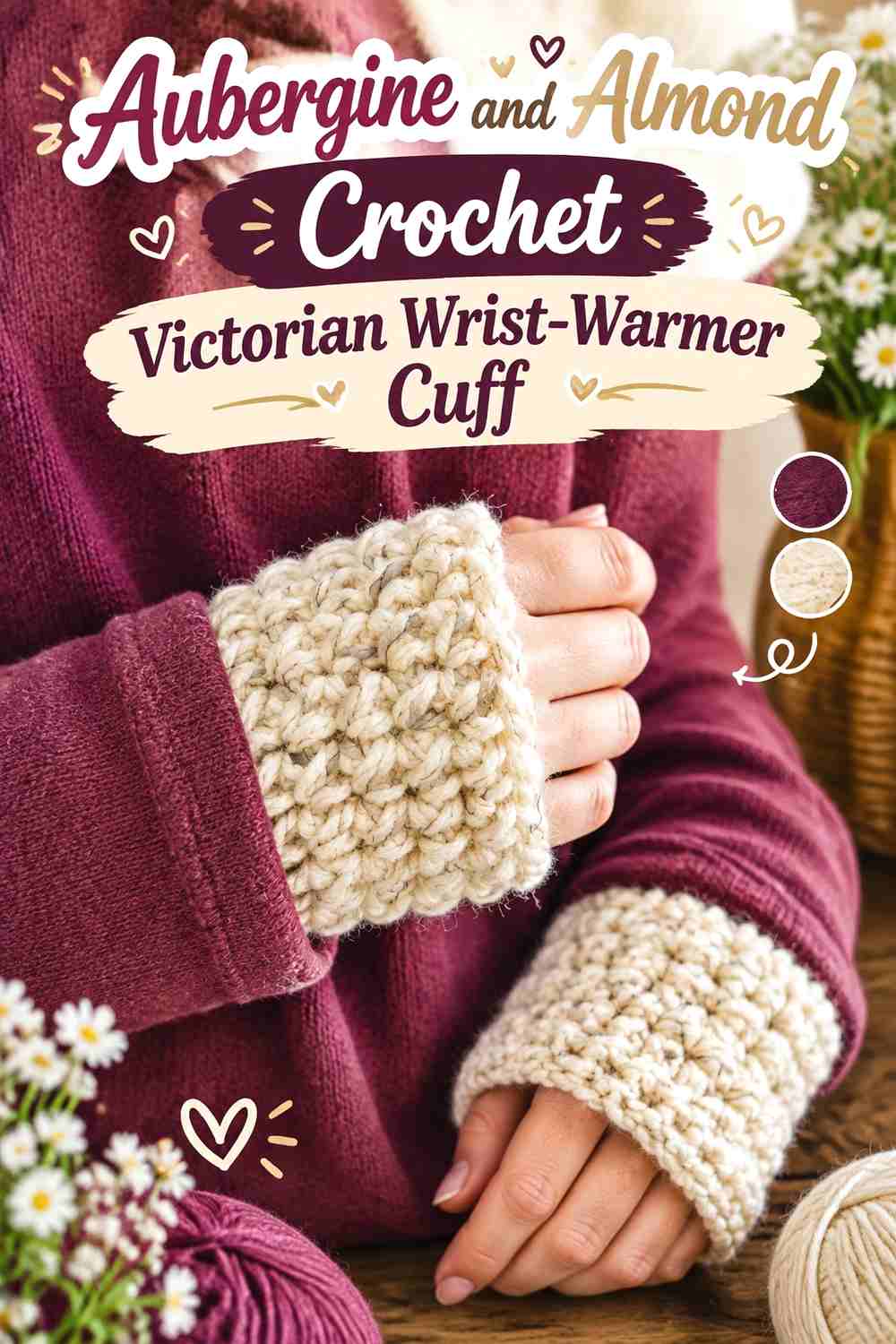 7. Aubergine and Almond Crochet Victorian Wrist-Warmer Cuff