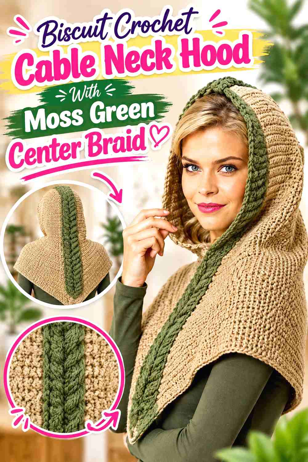 2. Biscuit Crochet Cable Neck Hood With Moss Green Center Braid