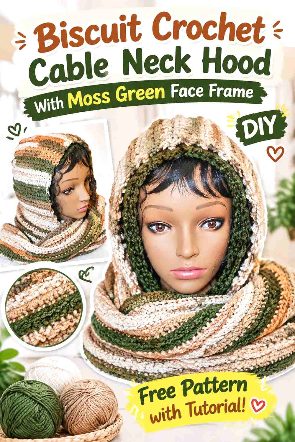 6. Biscuit Crochet Cable Neck Hood With Moss Green Face Frame