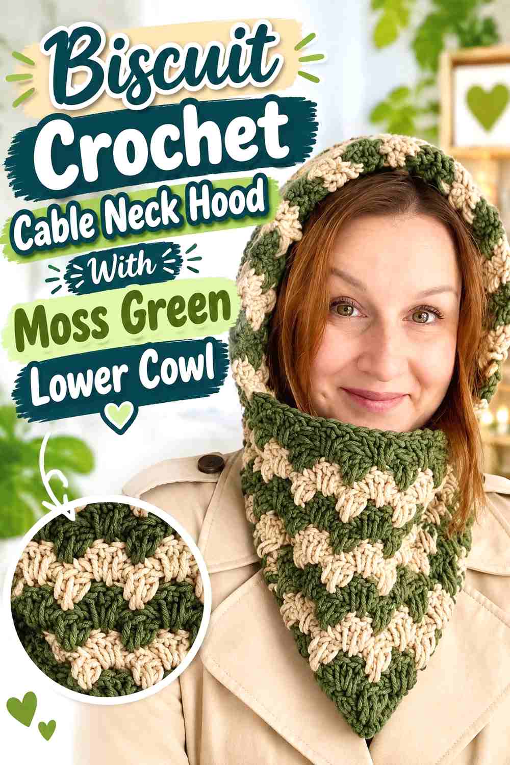 14. Biscuit Crochet Cable Neck Hood With Moss Green Lower Cowl
