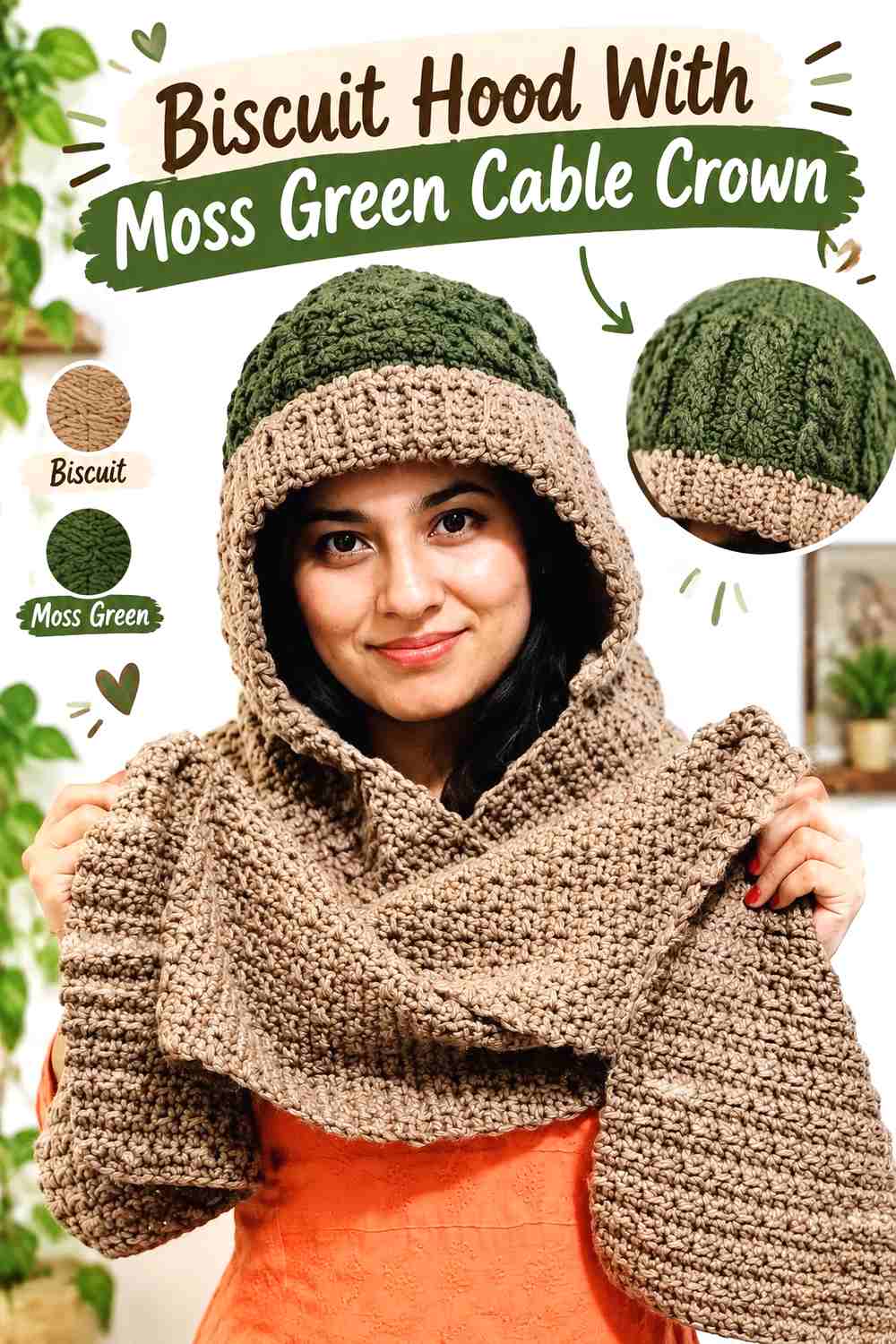 12. Biscuit Hood With Moss Green Cable Crown