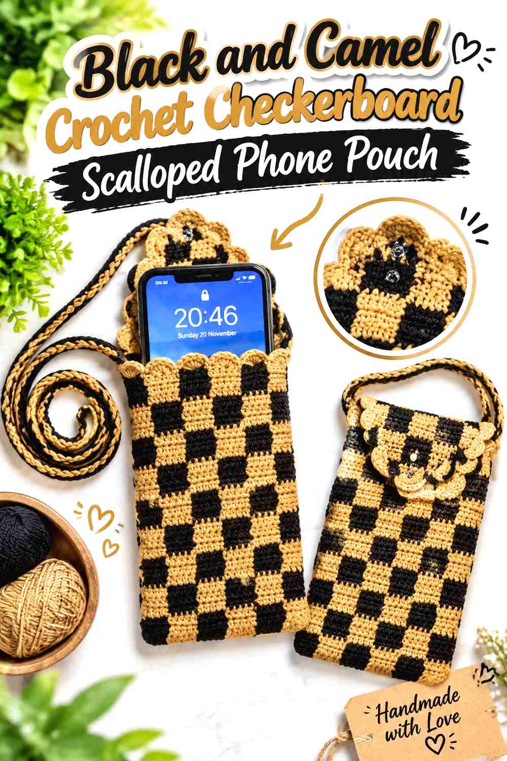 11. Black And Camel Crochet Checkerboard Scalloped Phone Pouch