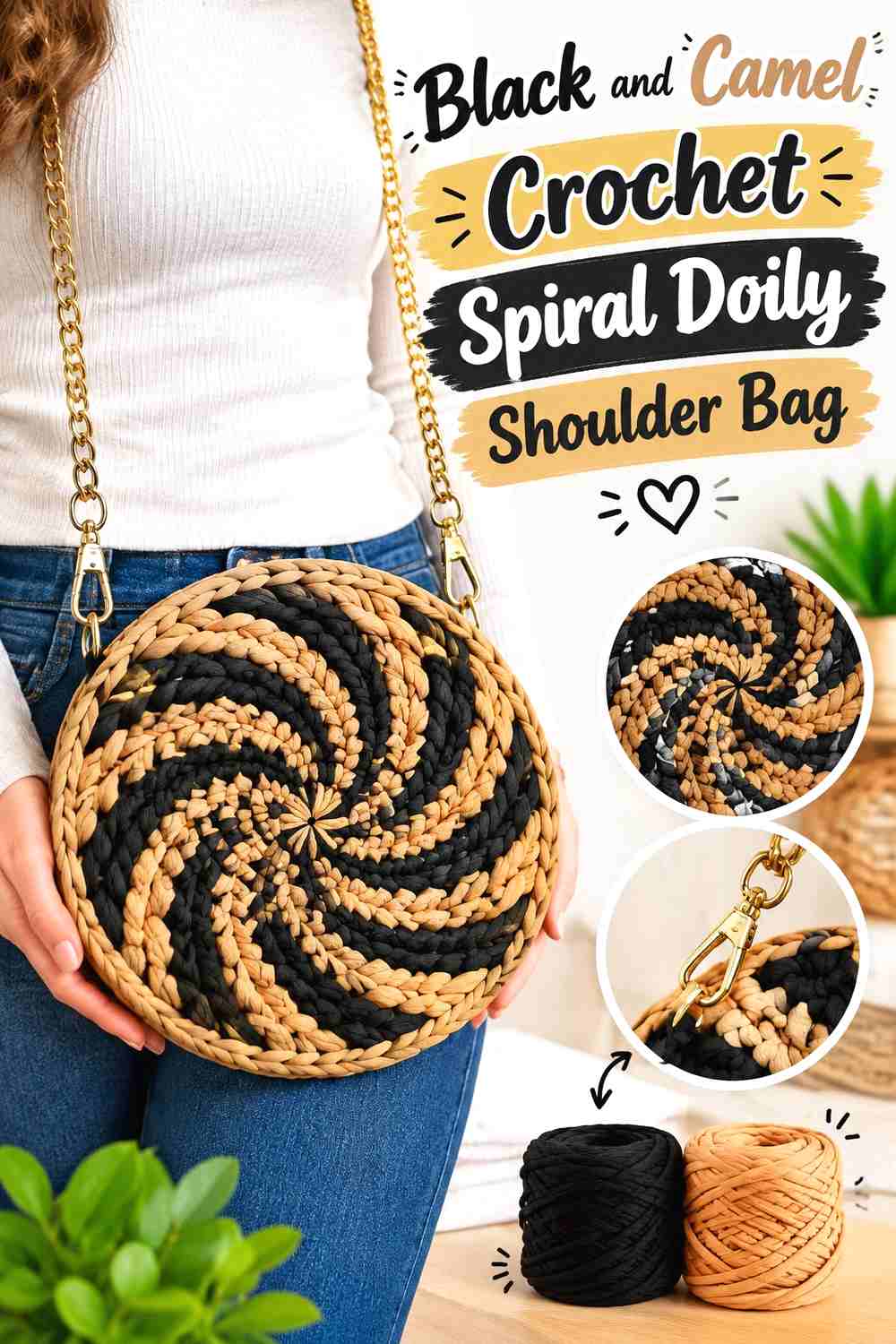 11. Black And Camel Crochet Spiral Doily Shoulder Bag