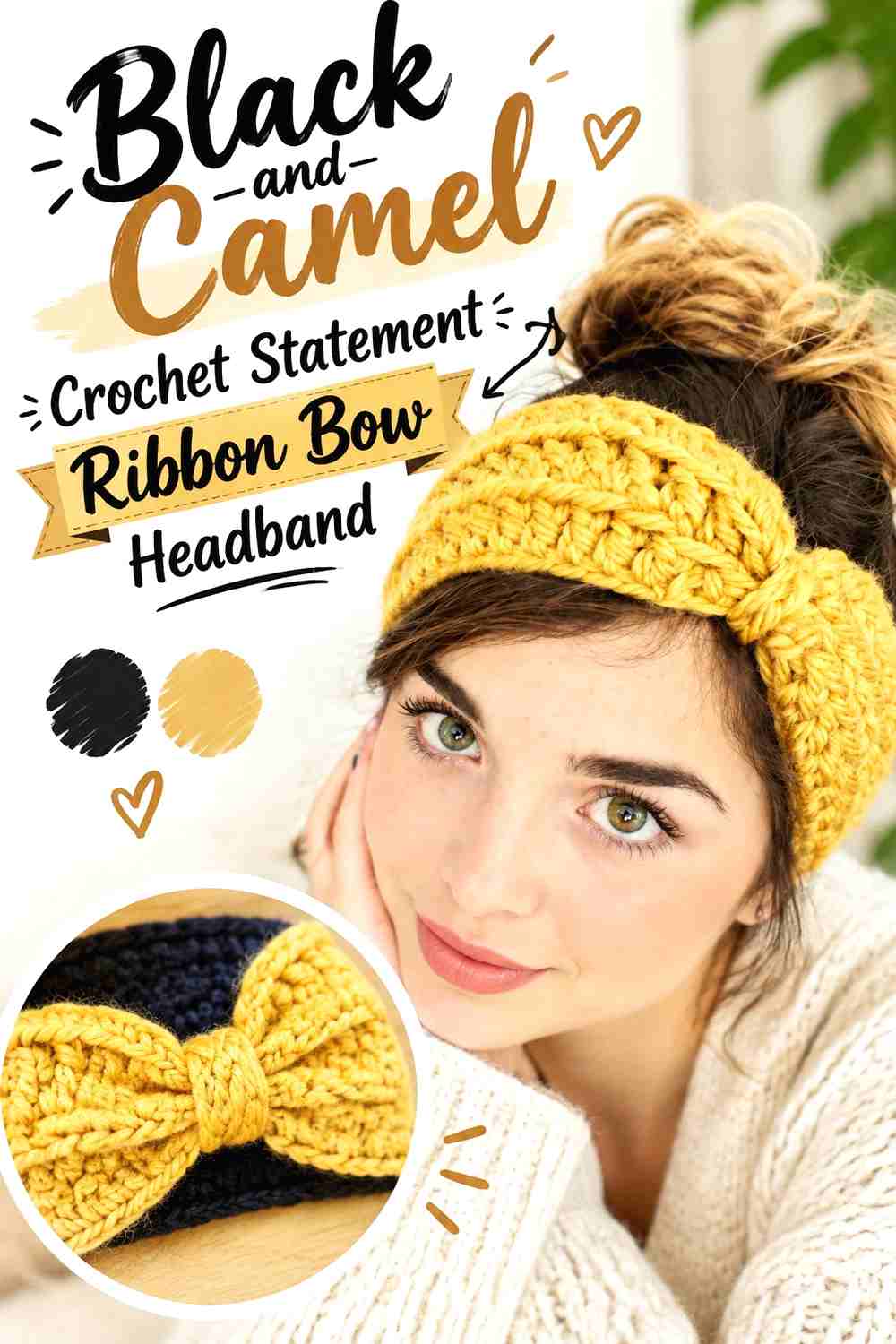6. Black And Camel Crochet Statement Ribbon Bow Headband