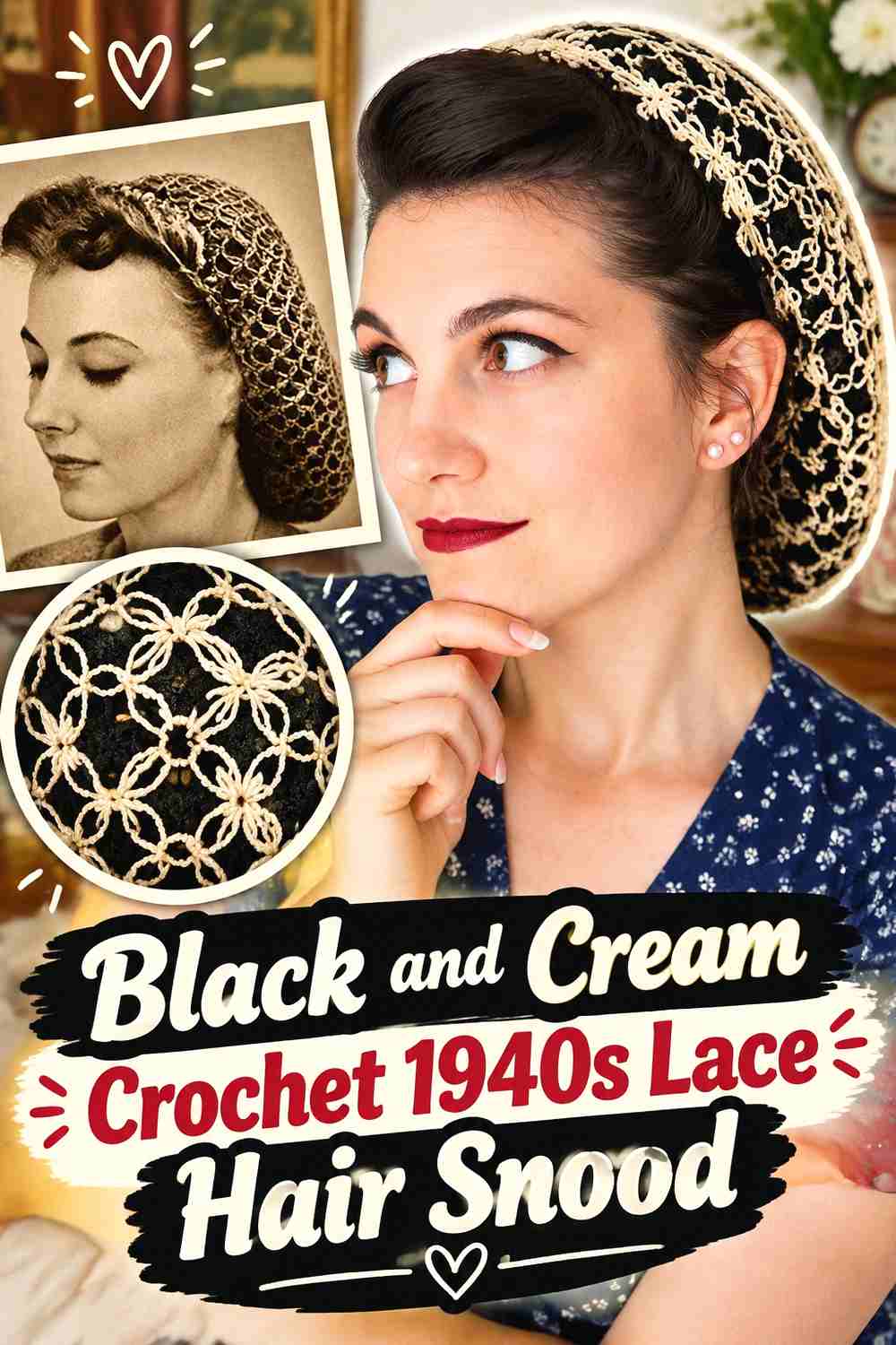 2. Black And Cream Crochet 1940s Lace Hair Snood