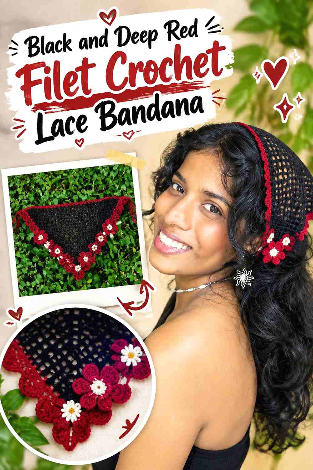 12. Black And Deep Red Filet Crochet Lace Bandana