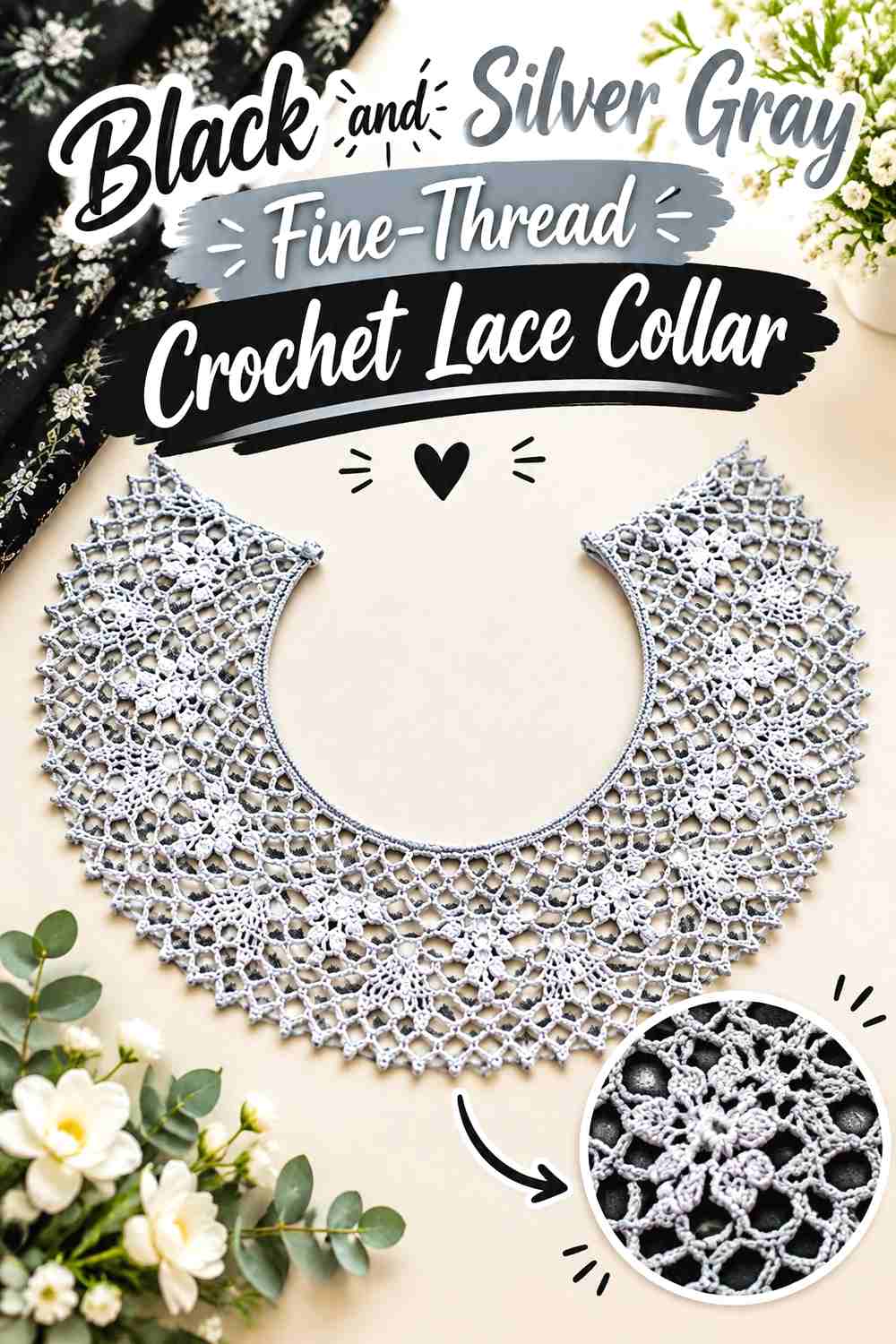 9. Black And Silver Gray Fine Thread Crochet Lace Collar