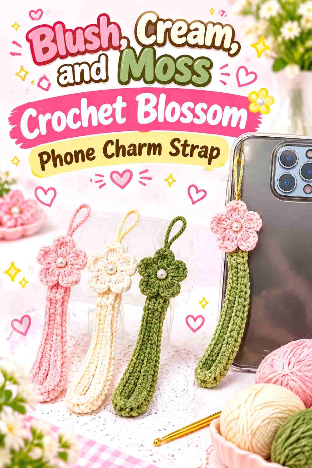 6. Blush Cream And Moss Crochet Blossom Phone Charm Strap