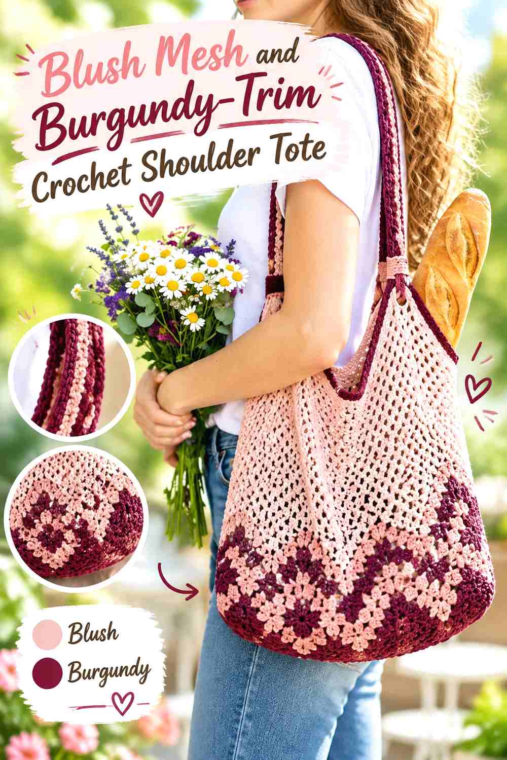 8. Blush Mesh and Burgundy-Trim Crochet Shoulder Tote
