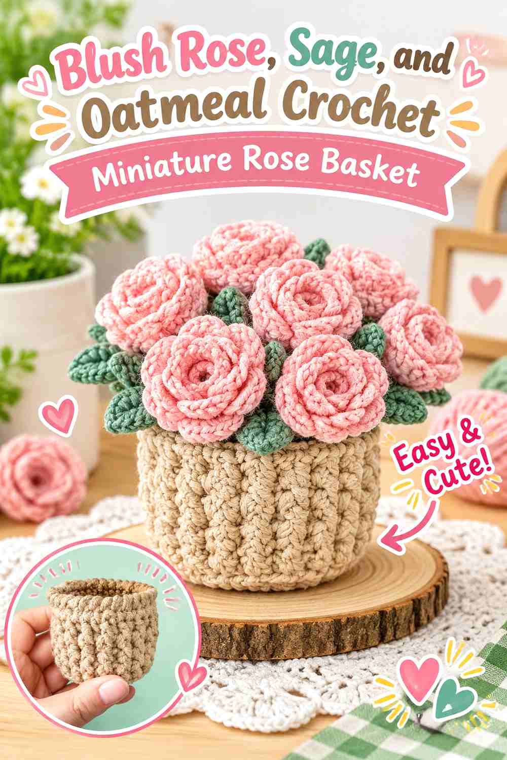 1. Blush Rose Sage And Oatmeal Crochet Miniature Rose Basket