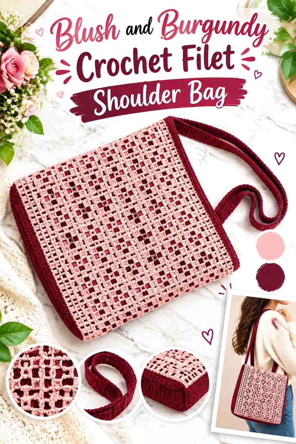 2. Blush and Burgundy Crochet Filet Shoulder Bag