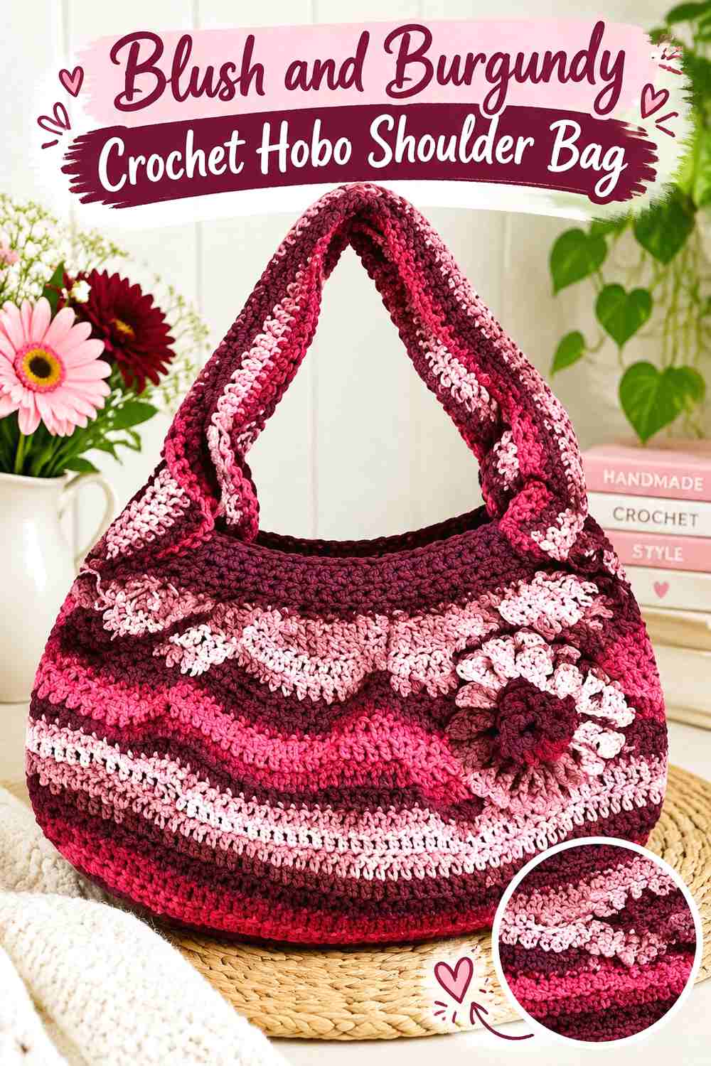 14. Blush and Burgundy Crochet Hobo Shoulder Bag