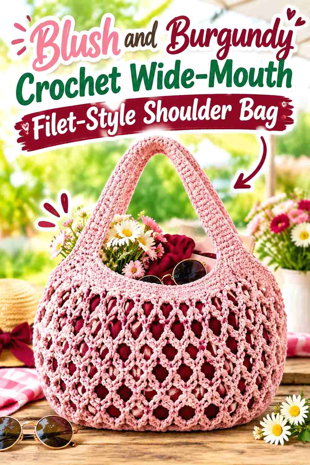 10. Blush and Burgundy Crochet Wide-Mouth Filet-Style Shoulder Bag