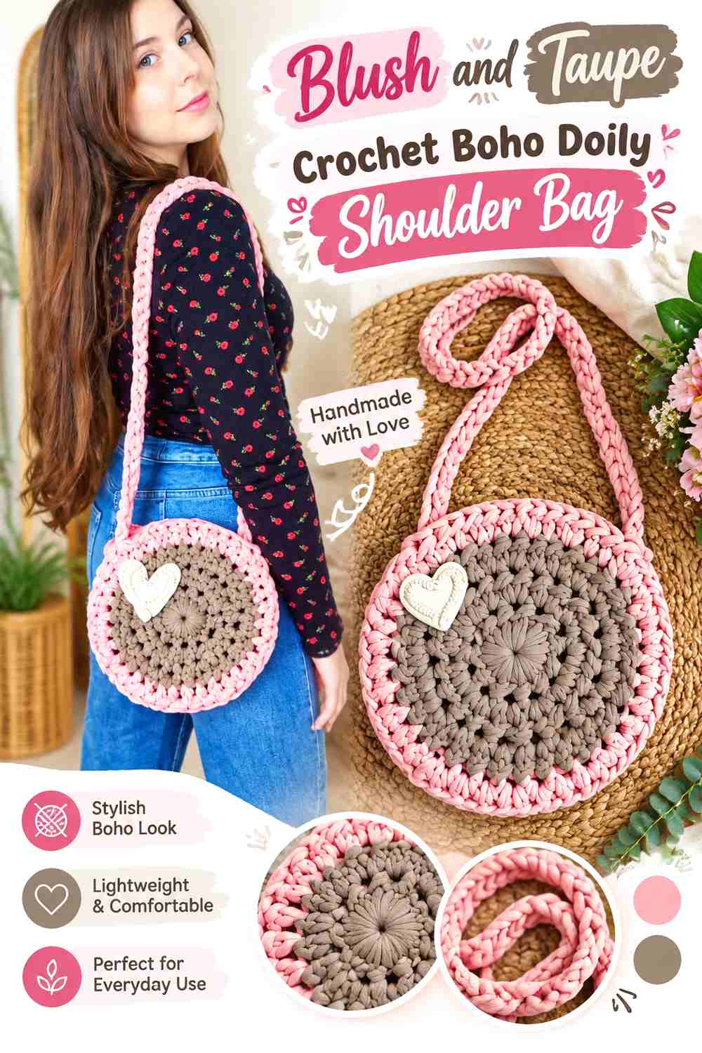 6. Blush And Taupe Crochet Boho Doily Shoulder Bag