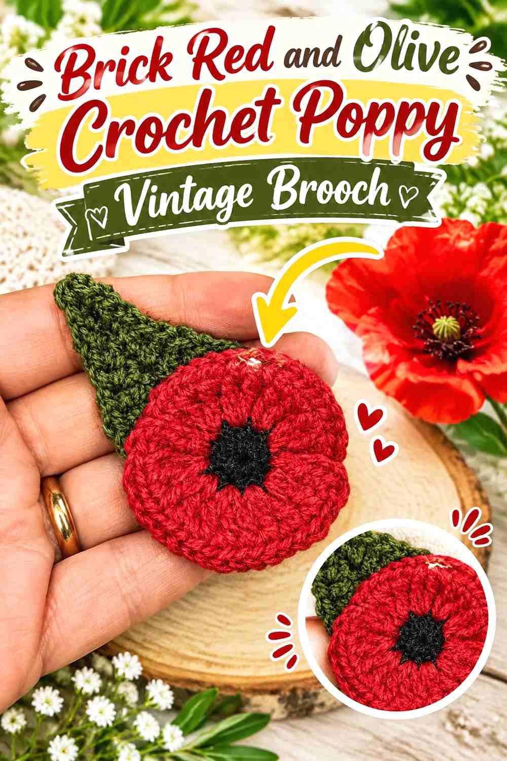 4. Brick Red And Olive Crochet Poppy Vintage Brooch