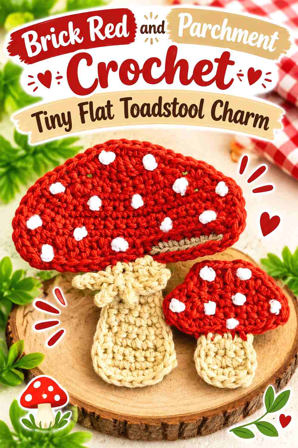 14. Brick Red And Parchment Crochet Tiny Flat Toadstool Charm