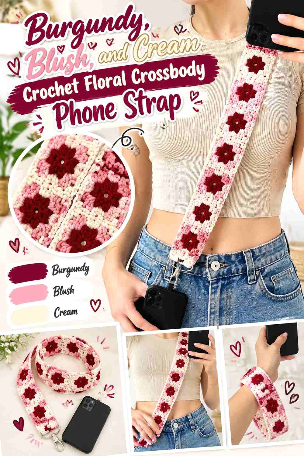8. Burgundy Blush And Cream Crochet Floral Crossbody Phone Strap