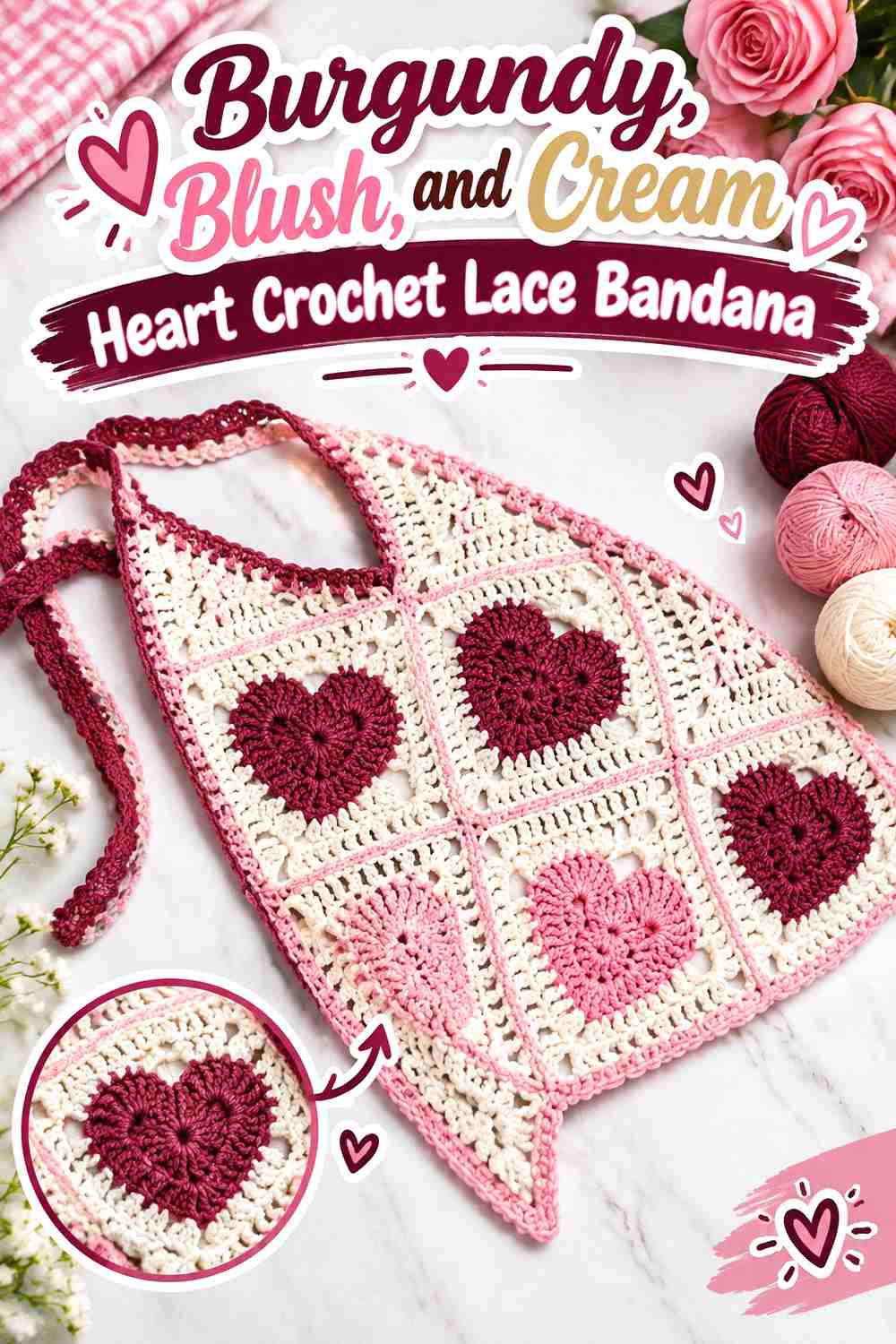 6. Burgundy Blush And Cream Heart Crochet Lace Bandana