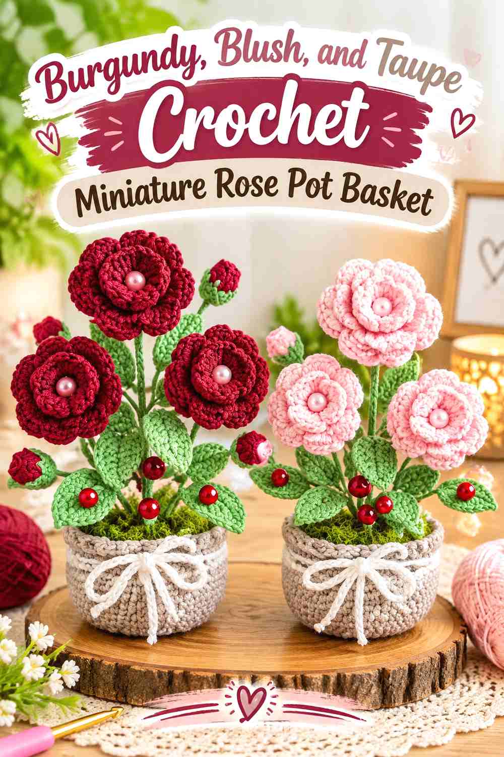 5. Burgundy Blush And Taupe Crochet Miniature Rose Pot Basket