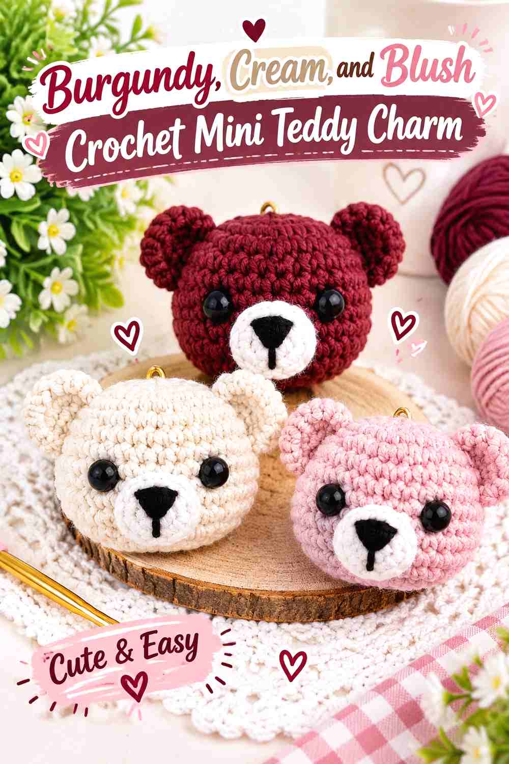 1. Burgundy, Cream, and Blush Crochet Mini Teddy Charm