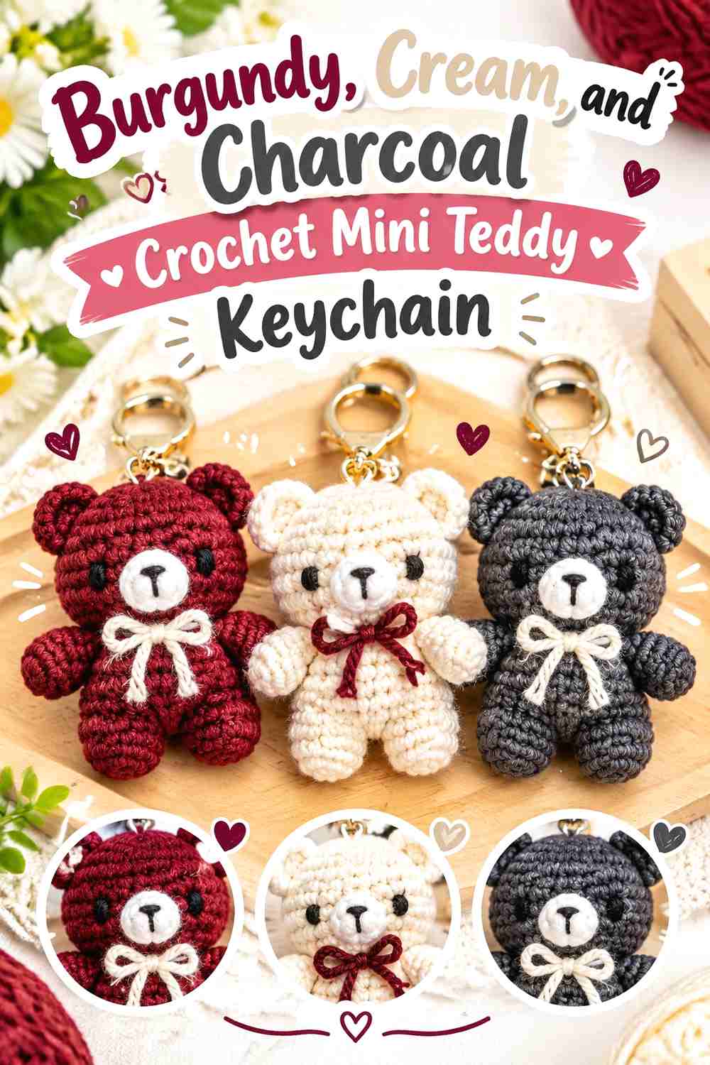 7. Burgundy, Cream, and Charcoal Crochet Mini Teddy Keychain