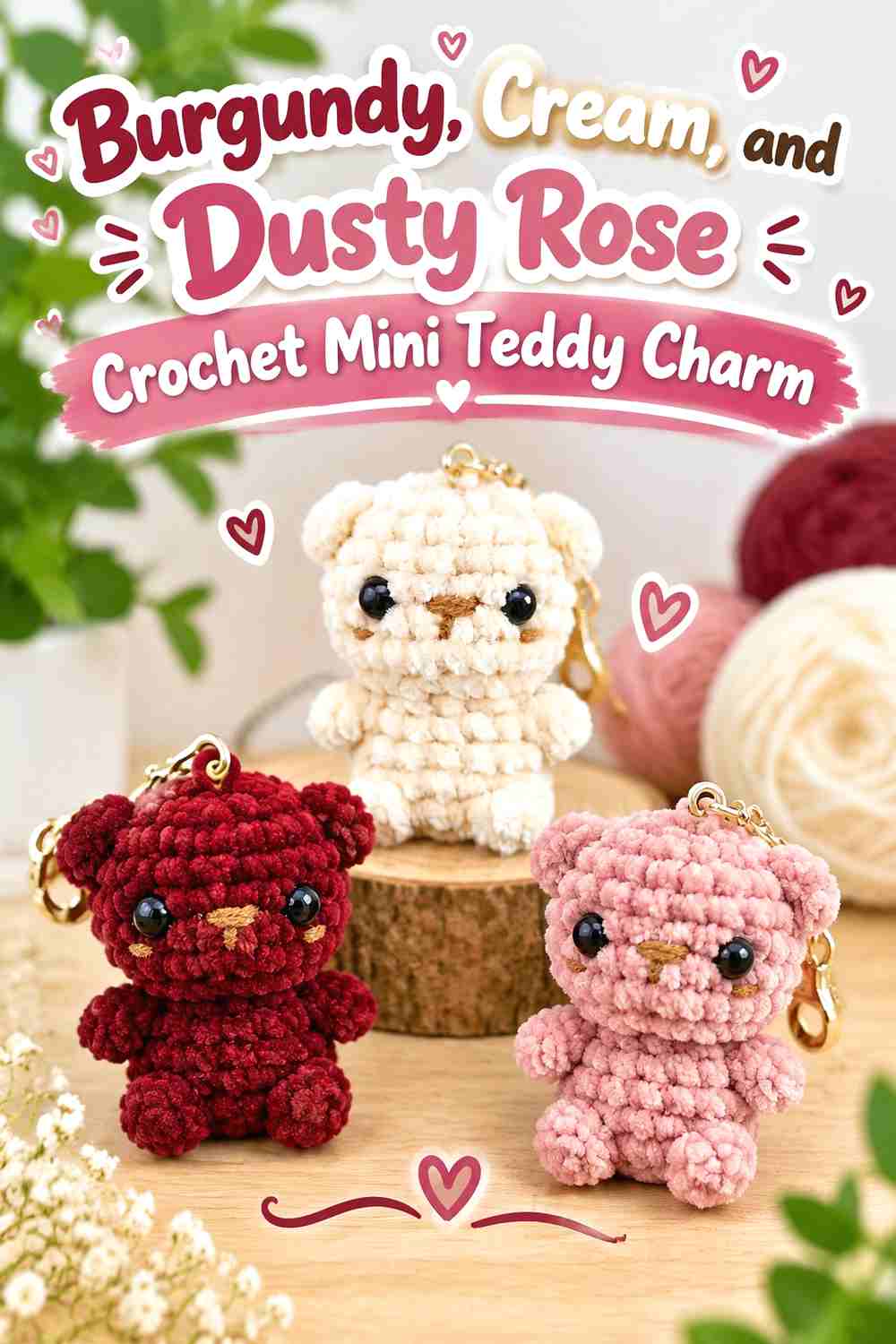 4. Burgundy, Cream, and Dusty Rose Crochet Mini Teddy Charm