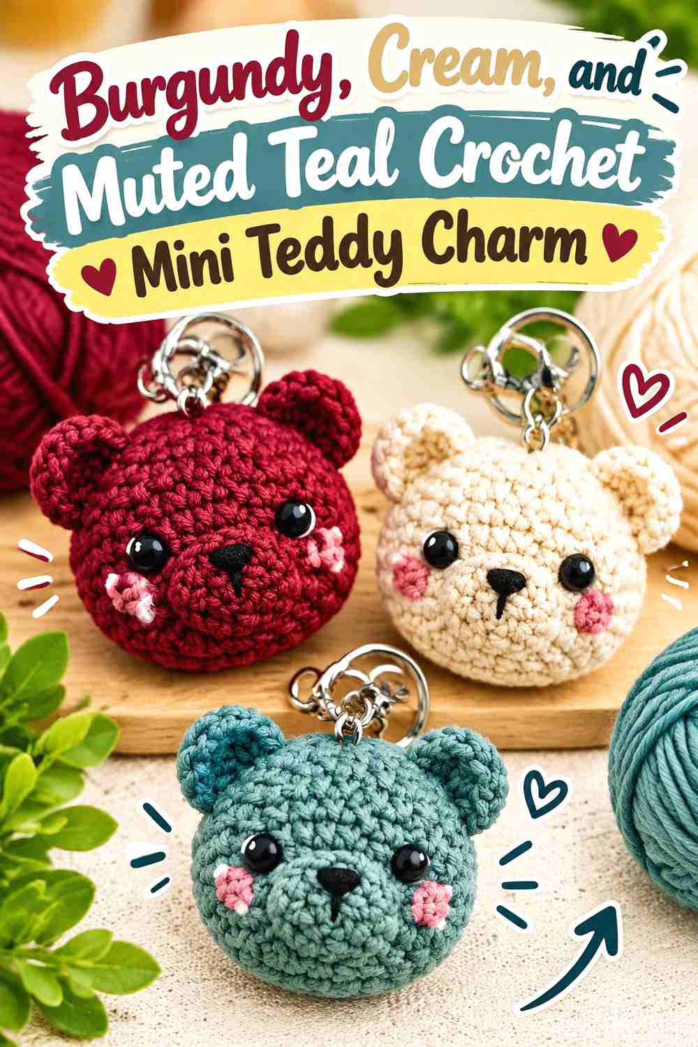 10. Burgundy, Cream, and Muted Teal Crochet Mini Teddy Charm