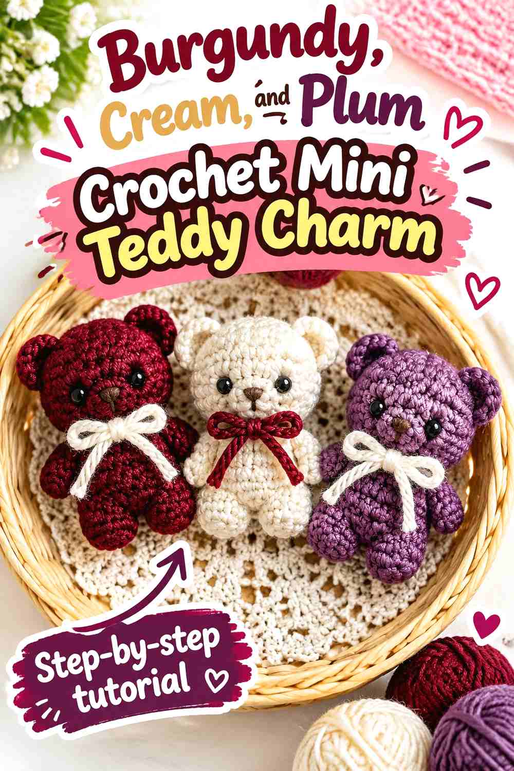 8. Burgundy, Cream, and Plum Crochet Mini Teddy Charm